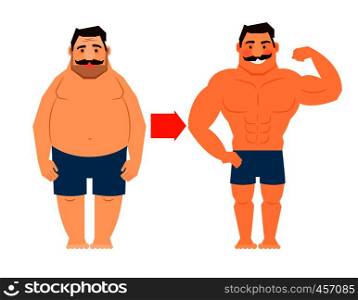 Fat and slim man with mustache. Big man and muscular man before and after weight loss vector illustration. Fat and slim man with mustache