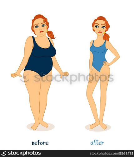 Fat and slim woman figures, before and after weight loss isolated vector illustration