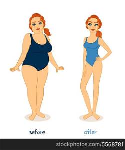 Fat and slim woman figures, before and after weight loss isolated vector illustration
