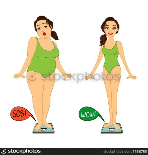 Fat and slim woman on weights scales, diet and exercises progress isolated vector illustration