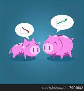 Fat and tiny piggy bank talking about financial situation, vector illustration for economic, investment or financial concept.&#xA;&#xA;