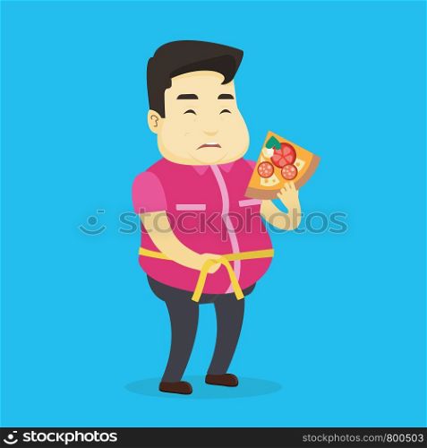 Fat asian man with slice of pizza in hand measuring a waistline. Sad fat man measuring a waistline with tape. Fat man with centimeter on waistline. Vector flat design illustration. Square layout.. Man measuring waist vector illustration.
