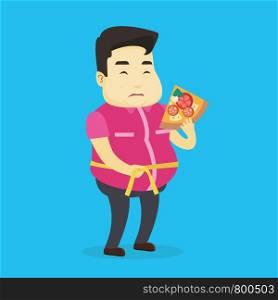 Fat asian man with slice of pizza in hand measuring a waistline. Sad fat man measuring a waistline with tape. Fat man with centimeter on waistline. Vector flat design illustration. Square layout.. Man measuring waist vector illustration.