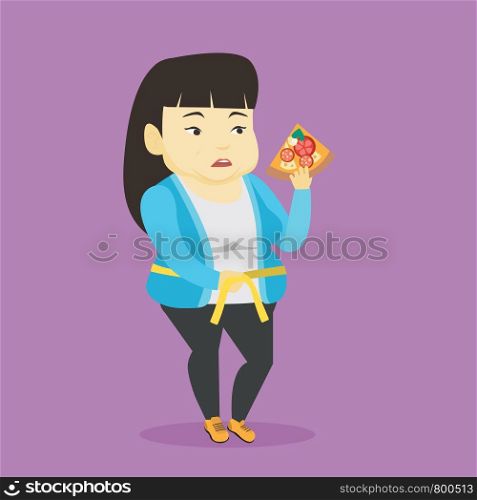 Fat asian woman with slice of pizza in hand measuring a waistline. Sad fat woman measuring a waistline with tape. Fat woman with centimeter on waistline. Vector flat design illustration. Square layout. Woman measuring waist vector illustration.
