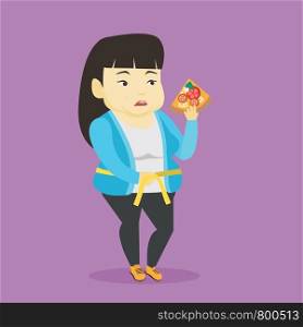Fat asian woman with slice of pizza in hand measuring a waistline. Sad fat woman measuring a waistline with tape. Fat woman with centimeter on waistline. Vector flat design illustration. Square layout. Woman measuring waist vector illustration.