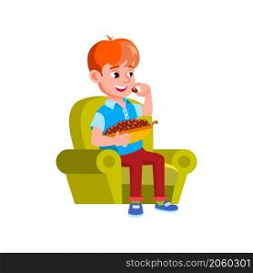 fat boy eating sweets, sugar food. vector flat cartoon illustration. fat boy eating sweets vector