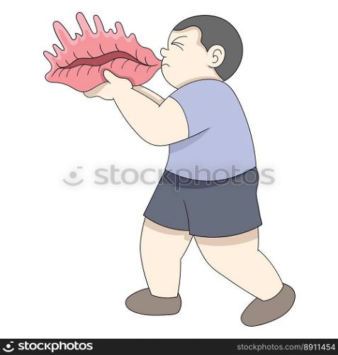 fat boy is trying to blow a shell instrument. vector design illustration art