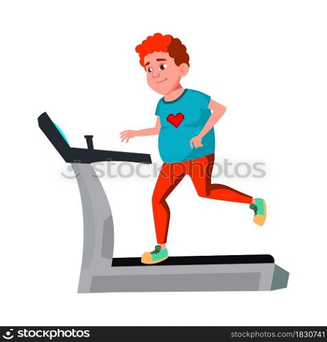 Fat Boy Teen Running On Treadmill In Gym Vector. Smiling Thick Teenager Running And Exercising On Sport Equipment. Character Sportsman Training Sportive Active Time Flat Cartoon Illustration. Fat Boy Teen Running On Treadmill In Gym Vector