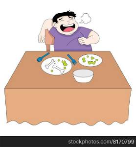 fat boy was greedily eating all the food on the table. vector design illustration art
