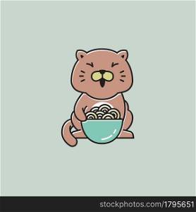 Fat Cat Happy Eating Noodle Flat Cartoon Mascot Illustration