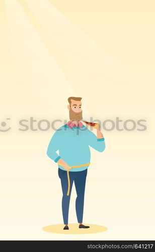 Fat caucasian man with slice of pizza in hand measuring a waistline. Fat man measuring a waistline with tape. Fat man with centimeter on waistline. Vector flat design illustration. Vertical layout.. Man measuring waist vector illustration.