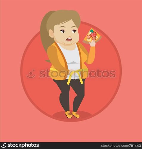 Fat caucasian woman with slice of pizza in hand measuring a waistline. Fat woman eating pizza and measuring a waistline with tape. Vector flat design illustration in the circle isolated on background.. Woman measuring waist vector illustration.