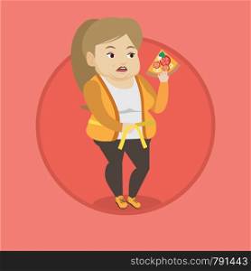 Fat caucasian woman with slice of pizza in hand measuring a waistline. Fat woman eating pizza and measuring a waistline with tape. Vector flat design illustration in the circle isolated on background.. Woman measuring waist vector illustration.