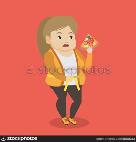 Fat caucasian woman with slice of pizza in hand measuring a waistline. Fat woman measuring a waistline with tape. Fat woman with centimeter on waistline. Vector flat design illustration. Square layout. Woman measuring waist vector illustration.