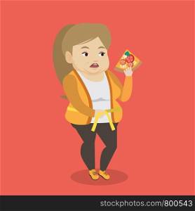 Fat caucasian woman with slice of pizza in hand measuring a waistline. Fat woman measuring a waistline with tape. Fat woman with centimeter on waistline. Vector flat design illustration. Square layout. Woman measuring waist vector illustration.