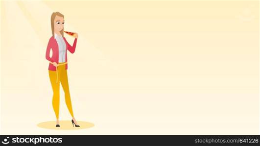 Fat caucasian woman with slice of pizza in hand measuring waistline. Fat woman measuring waistline with tape. Fat woman with centimeter on waistline. Vector flat design illustration. Horizontal layout. Woman measuring waist vector illustration.