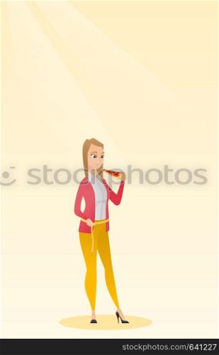 Fat caucasian woman with slice of pizza in hand measuring waistline. Fat woman measuring waistline with tape. Fat woman with centimeter on waistline. Vector flat design illustration. Vertical layout.. Woman measuring waist vector illustration.