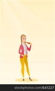 Fat caucasian woman with slice of pizza in hand measuring waistline. Fat woman measuring waistline with tape. Fat woman with centimeter on waistline. Vector flat design illustration. Vertical layout.. Woman measuring waist vector illustration.