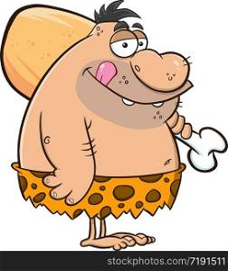 Fat Caveman Cartoon Character With Big Chicken Leg. Vector Illustration Isolated On White Background