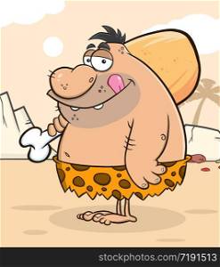 Fat Caveman Cartoon Character With Big Chicken Leg. Vector Illustration With Background