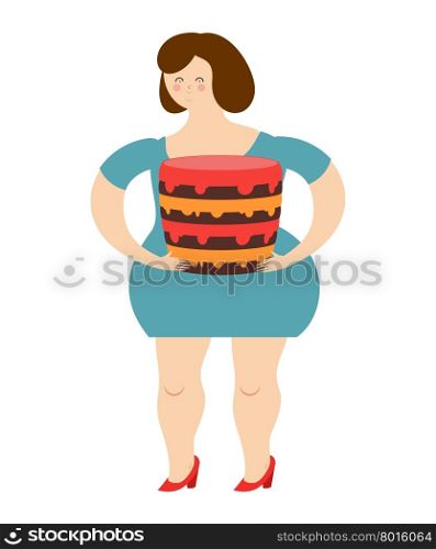 Fat cheerful woman and cake. Joy of eating. Large sweet confectionary products. Girl and sweets. Stop diet&#xA;