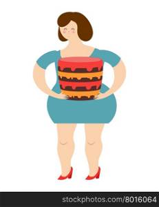 Fat cheerful woman and cake. Joy of eating. Large sweet confectionary products. Girl and sweets. Stop diet&#xA;