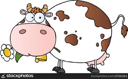 Fat Cow Cartoon Character Carrying A Flower In Its Mouth