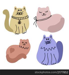 Fat funny cats character collection. Design for T-shirt, stickers and print. Doodle simple vector illustration.