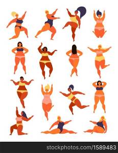 Fat girls set vector. Woman of diverse races are smiling, dancing, jumping. Body positive, girl power and feminism illustration. Happy plus size girl wearing swimsuit. Fat girls set vector. Woman of diverse races are smiling, dancing, jumping. Body positive, girl power and feminism illustration. Happy plus size girl wearing