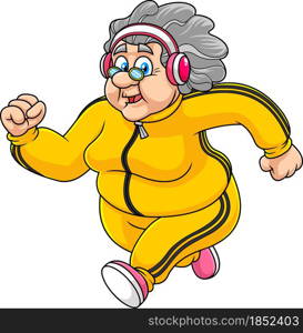 Fat Grandmother Cartoon Character Jogging. Vector Hand Drawn Illustration Isolated On Transparent Background