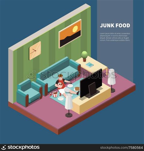 Fat guy eating junk food and watching tv gluttony 3d isometric vector illustration