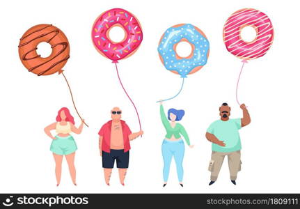 Fat guys with doughnut balls. Overweight men and women standing in row, unhealthy food habits. Body positive people. Young obese characters with balloons. Vector cartoon flat style isolated concept. Fat guys with doughnut balls. Overweight men and women standing in row, unhealthy food habits. Body positive people. Young obese characters with balloons. Vector cartoon isolated concept