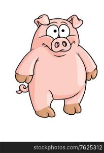 Fat happy pink cartoon pig isolated on white for failrytaile, agriculture or farming design