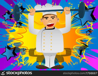 Fat male cartoon chef in uniform as a weightlifter lifting barbell. Vector illustration.