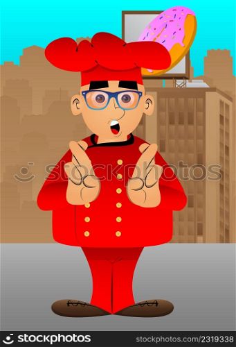 Fat male cartoon chef in uniform crossing his fingers and wishing for good luck. Vector illustration.