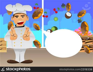 Fat male cartoon chef in uniform crossing his fingers and wishing for good luck. Vector illustration.