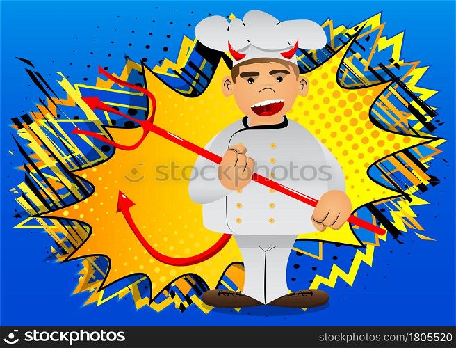Fat male cartoon chef in uniform devil with pitchfork. Vector illustration.