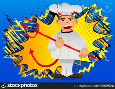 Fat male cartoon chef in uniform devil with pitchfork. Vector illustration.