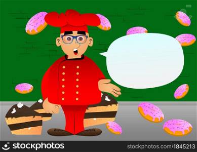 Fat male cartoon chef in uniform giving a hand. Vector illustration. Cook greeting you.