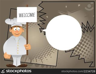 Fat male cartoon chef in uniform holding a banner with welcome text. Vector illustration.