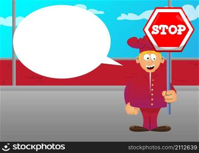 Fat male cartoon chef in uniform holding a stop sign. Vector illustration.