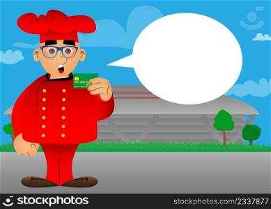 Fat male cartoon chef in uniform holding credit card. Vector illustration.
