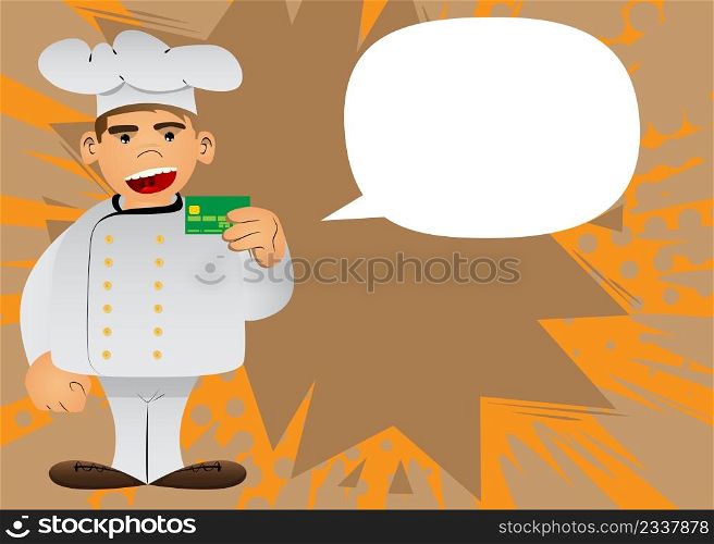 Fat male cartoon chef in uniform holding credit card. Vector illustration.