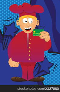 Fat male cartoon chef in uniform holding credit card. Vector illustration.