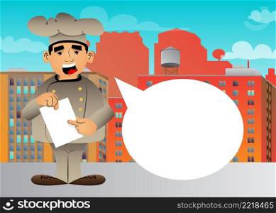 Fat male cartoon chef in uniform holding white paper and pointing at it. Vector illustration.