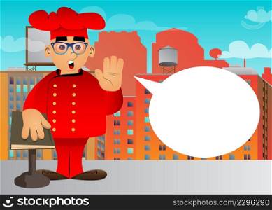 Fat male cartoon chef in uniform raising his hand and put the other on a holy book. Vector illustration.