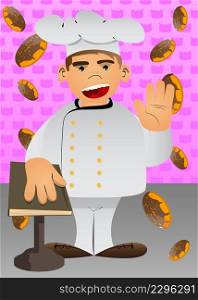 Fat male cartoon chef in uniform raising his hand and put the other on a holy book. Vector illustration.