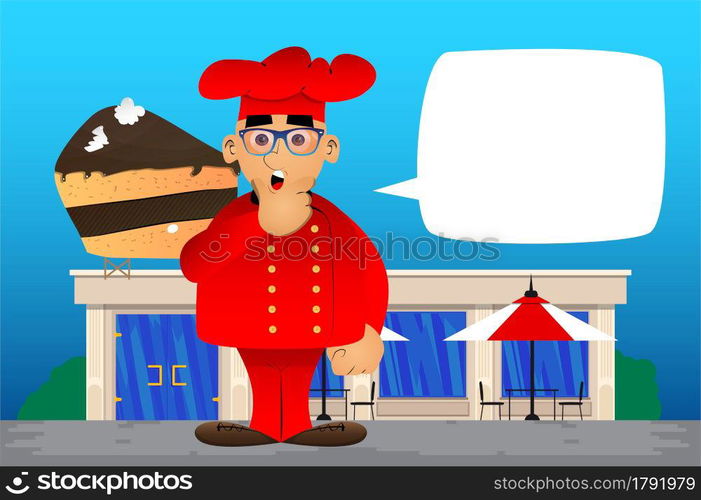 Fat male cartoon chef in uniform thinking. Vector illustration. Uncertain cook, baker.