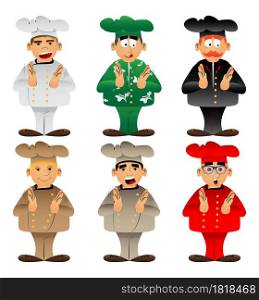 Fat male cartoon chef in uniform with clapping hands. Vector illustration.