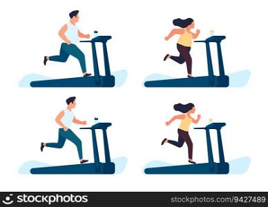 Fat man and woman running on treadmill. People training after losing weight. Gym exercises. Sport for slimming. Health lifestyle. Sportsman workout. Cardio jogging. Obese or slim body. Vector concept. Fat man and woman running on treadmill. People training after losing weight. Gym exercises. Sport for slimming. Health lifestyle. Sportsman workout. Obese or slim body. Vector concept